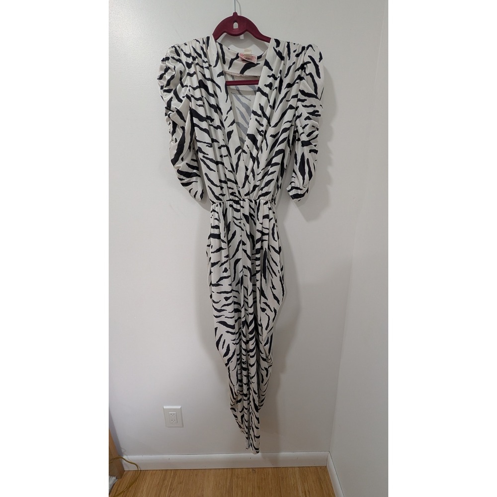 Vtg Diamonds Run Wayne Diamond Zebra  Print 5/6 Jumpsuit 80s Puff Sleeve V-Neck